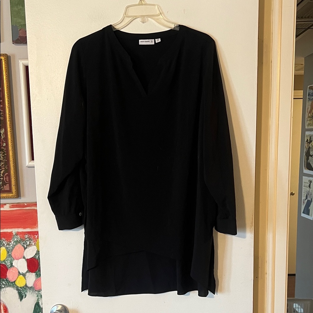 Susan Graver collarless black tunic length blouse